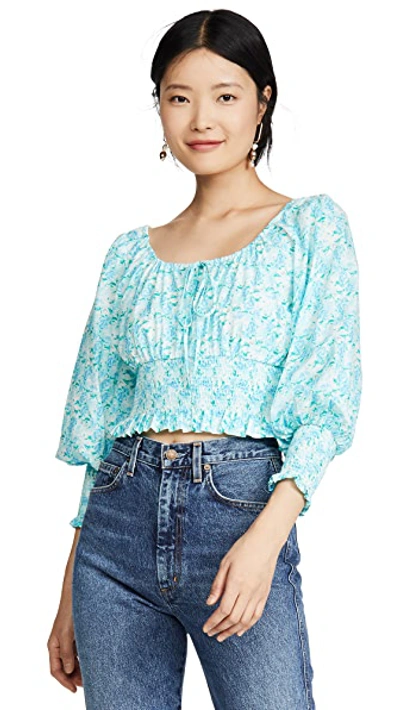 Shop Rixo London Helena Blouse In Italian Floral Blue Green