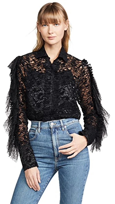 Shop Anais Jourden Black Velvet Lace Shirt With Ruffles