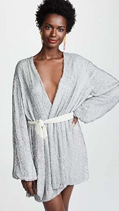 Retroféte Gabrielle Velvet-trimmed Sequined Chiffon Mini Wrap Dress In Silver