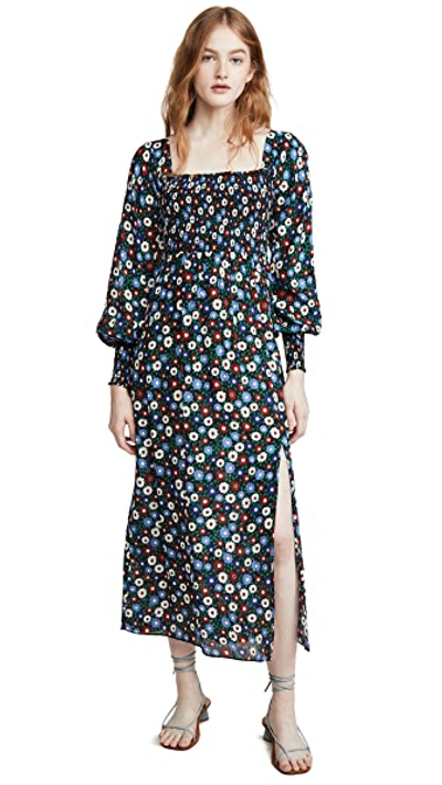 Shop Rixo London Marie Dress In Retro Micro Floral Blue Green