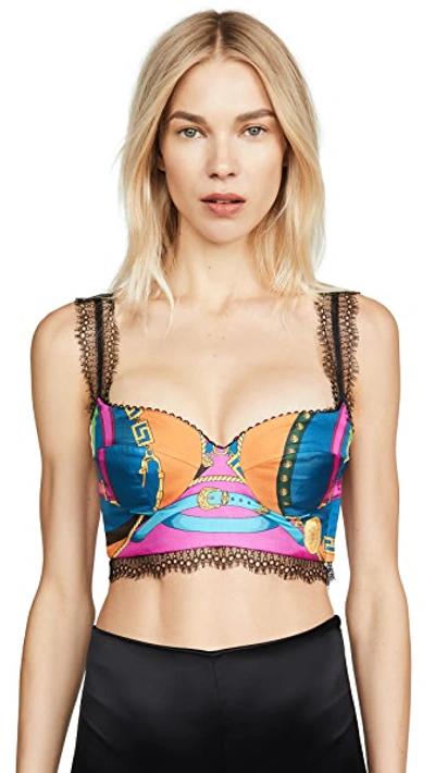 Versace Multicolor Greek Key-print Silk Bralette Top In Rosso & Stampa