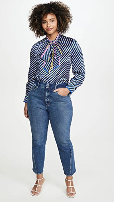 Shop Tory Burch Printed Bow Blouse In Blue Bias Stripe