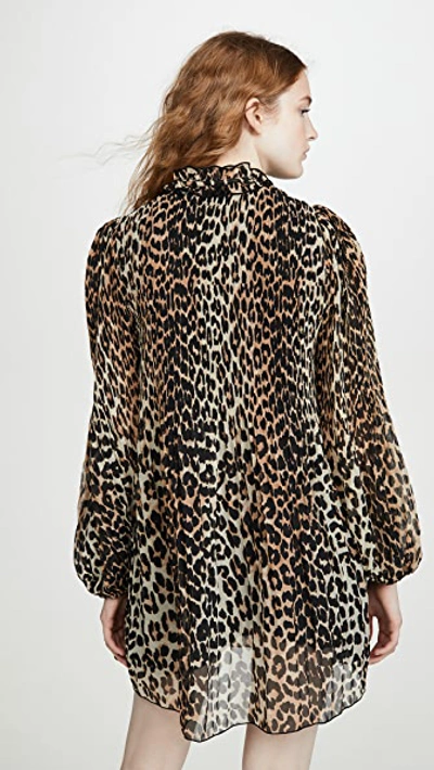 Shop Ganni Pleated Georgette Dress In Leopard