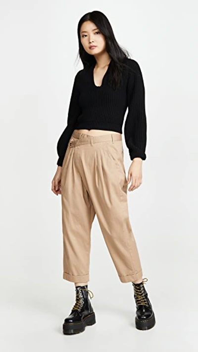 Shop R13 Cropped Triple-pleat Crossover Pants In Khaki