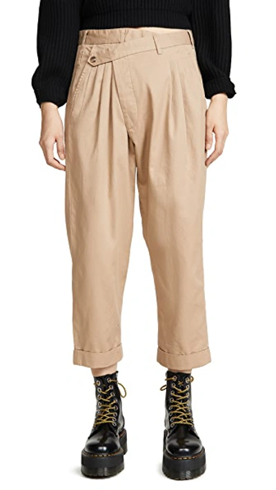 Shop R13 Cropped Triple-pleat Crossover Pants In Khaki