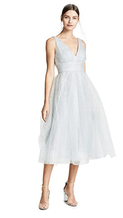 Shop Marchesa Notte V Neck Tulle Glitter Gown In Silver
