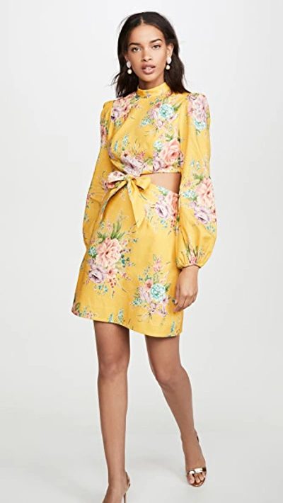 Shop Zimmermann Zinnia Bow Cutout Short Dress In Golden Floral