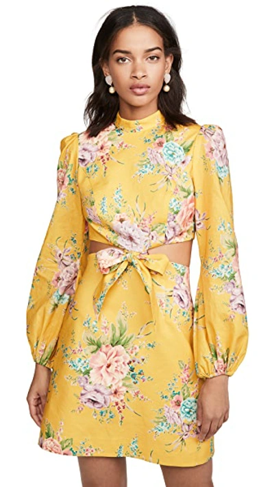 Shop Zimmermann Zinnia Bow Cutout Short Dress In Golden Floral