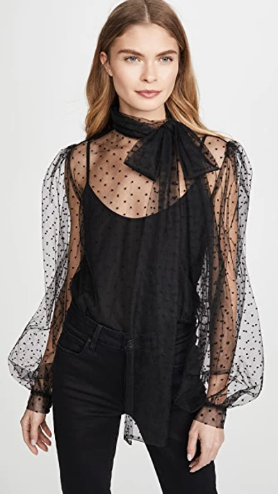 Shop Costarellos Bishop Sleeve Embroidered Dot Tulle Blouse In Black