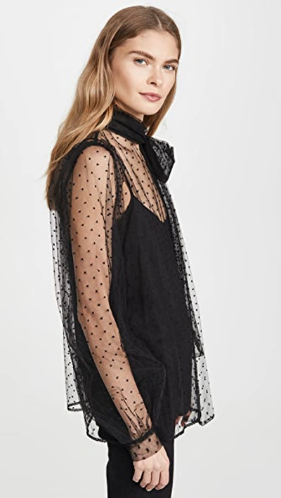 Shop Costarellos Bishop Sleeve Embroidered Dot Tulle Blouse In Black