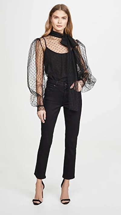 Shop Costarellos Bishop Sleeve Embroidered Dot Tulle Blouse In Black