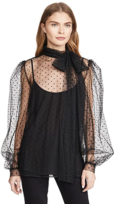 Shop Costarellos Bishop Sleeve Embroidered Dot Tulle Blouse In Black