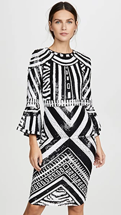 Shop Alice And Olivia Jae Sequin Fitted Midi Gown In Black/white