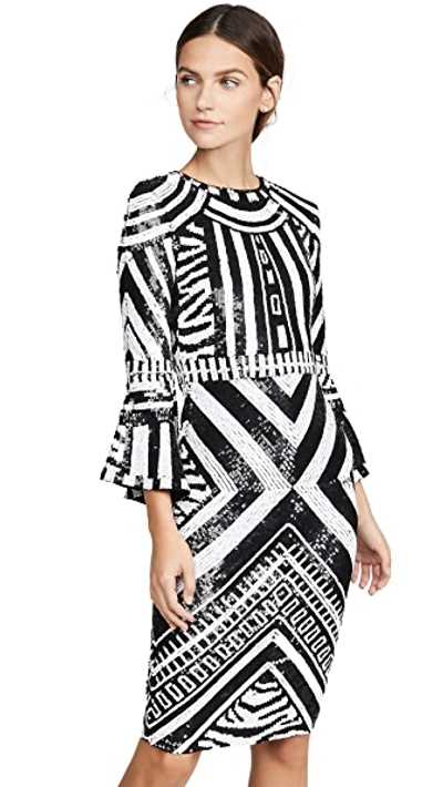 Shop Alice And Olivia Jae Sequin Fitted Midi Gown In Black/white