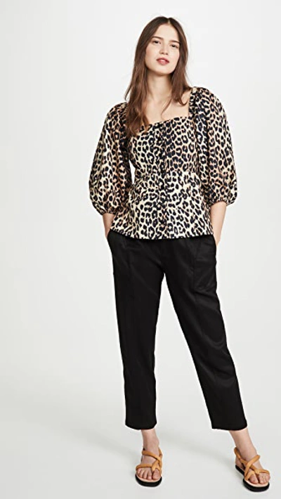 Shop Ganni Printed Cotton Poplin Blouse In Leopard