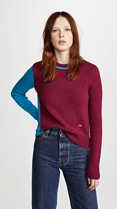 Shop Victoria Beckham Colorblock Cropped Crew Neck Sweater In Bordeaux/teal
