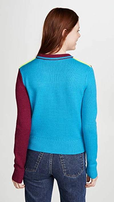 Shop Victoria Beckham Colorblock Cropped Crew Neck Sweater In Bordeaux/teal