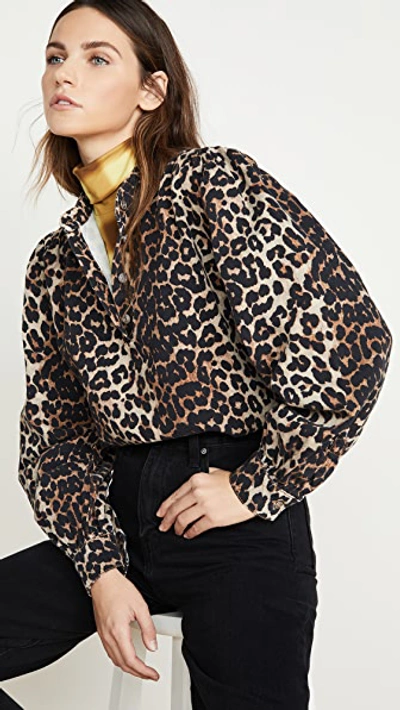 Ganni Leopard Print Ruffle Collar Blouse In Neutrals | ModeSens