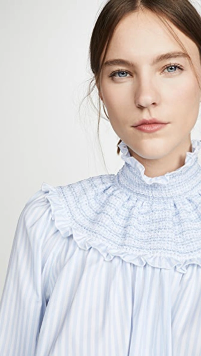 Shop Adam Lippes Smocked Neck Top In Striped Cotton In Light Blue/white