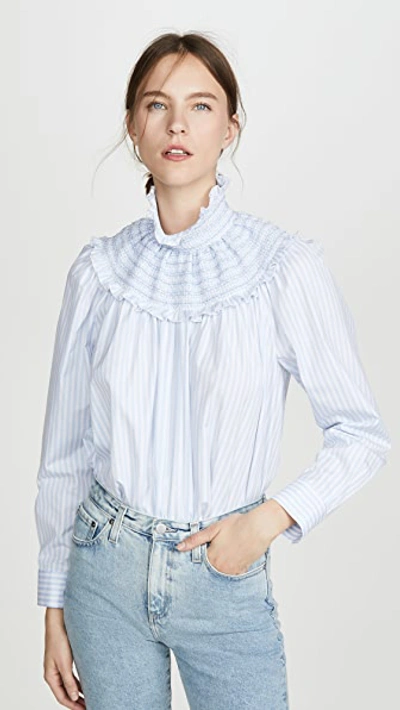 Shop Adam Lippes Smocked Neck Top In Striped Cotton In Light Blue/white
