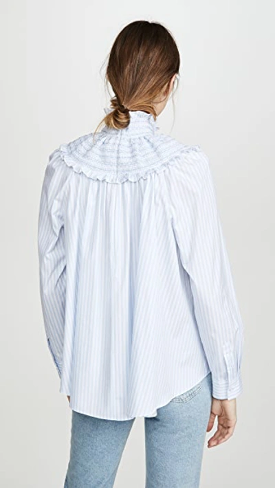 Shop Adam Lippes Smocked Neck Top In Striped Cotton In Light Blue/white