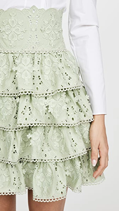 Shop Costarellos Silk Chiffon Miniskirt With Ruffled Cotton Guipure In Green Tea
