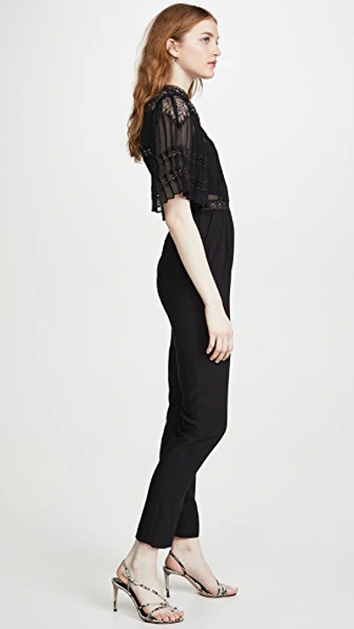 Shop Self-portrait Fine Lace And Crepe Jumpsuit In Black