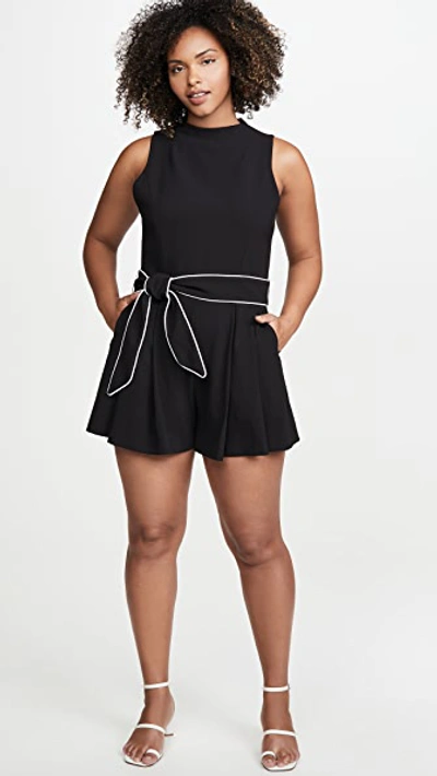 Shop Alice And Olivia Harlan Mockneck Pleated Romper With Belt In Black/white