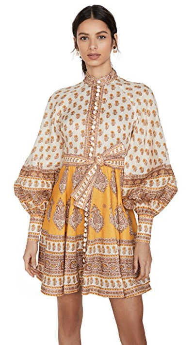 Shop Zimmermann Bonita Buttoned Dress In Mustard Paisley