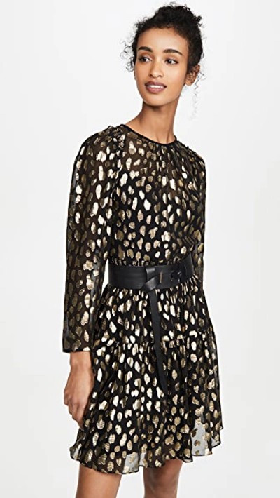 Shop Rebecca Taylor Long Sleeve Leopard Metallic Dress In Black Combo