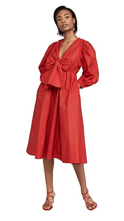 Shop Msgm Bow Front Midi Dress In Red