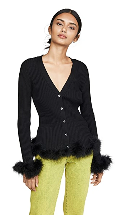Ribbed Cardigan with Feather Trim