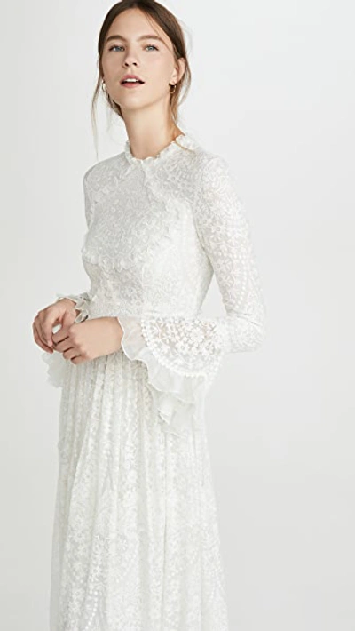 Shop Costarellos Flounce Sleeve Ruffled Edge Embroidered Silk Dress In Off White