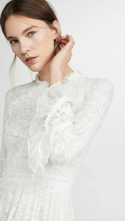 Shop Costarellos Flounce Sleeve Ruffled Edge Embroidered Silk Dress In Off White