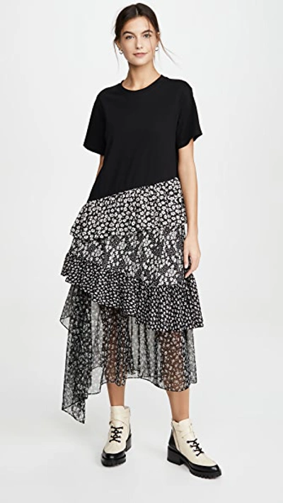 Shop Goen J Asymmetric Floral Print Cotton Jersey Top Dress In Black