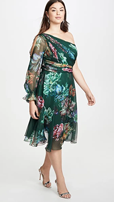 Shop Marchesa Notte One Shoulder Printed Cocktail Dress In Emerald