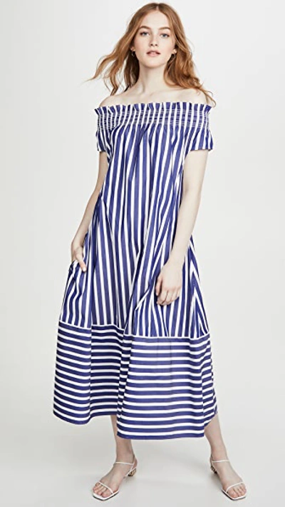 Shop Adeam Off Shoulder Smocking Dress In Navy/white