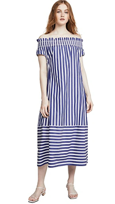 Shop Adeam Off Shoulder Smocking Dress In Navy/white