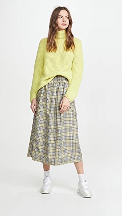 Shop Tibi Smocked Waistband Full Skirt In Green/beige Multi