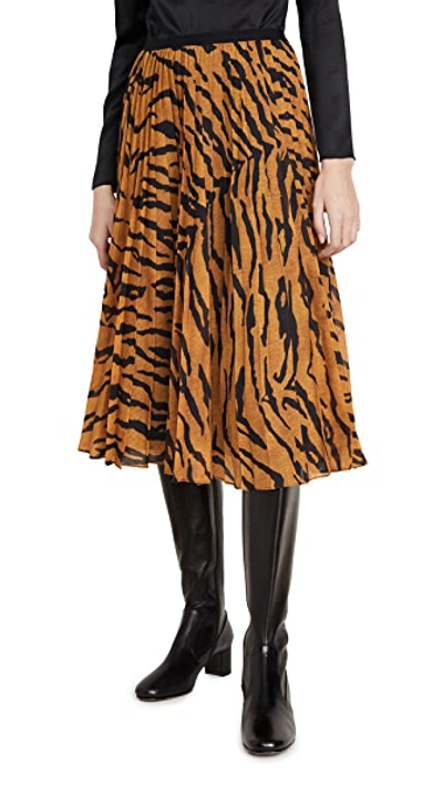 Shop Adam Lippes Pleated Midi Skirt In Printed Voile In Tiger