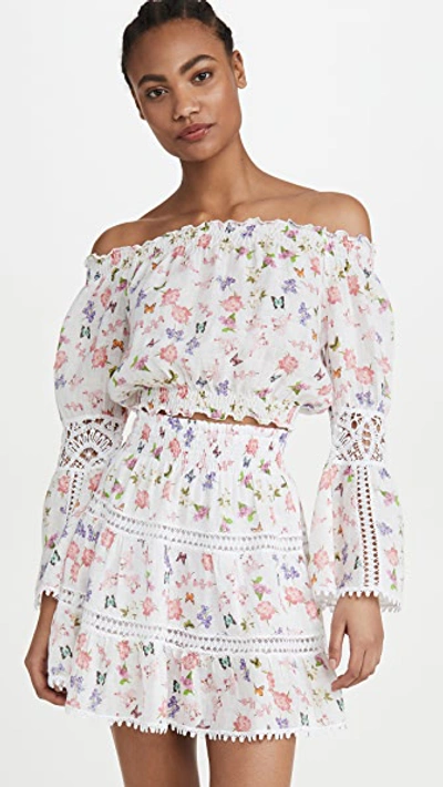 Shop Temptation Positano Ravello Linen Off Shoulder Crop Blouse In Butterfly Print