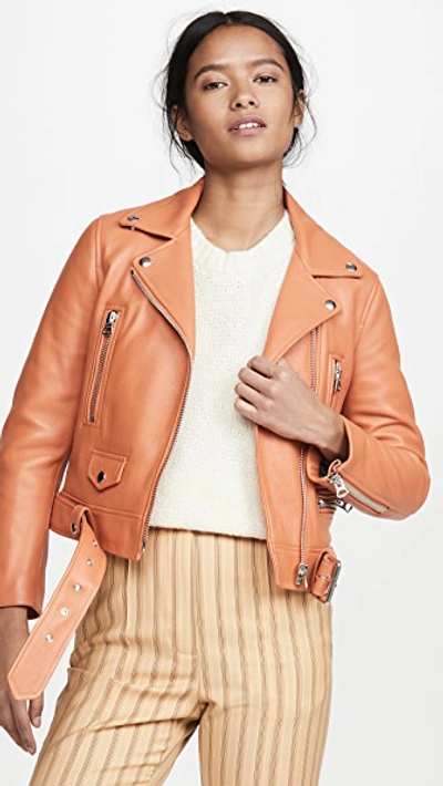 Shop Acne Studios Leather Moto Jacket In Peach Orange