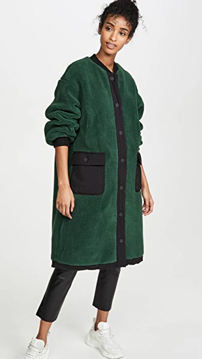 Shop Joa Teddy Fur Long Bomber Jacket In Hunter Green/black