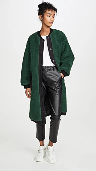 Shop Joa Teddy Fur Long Bomber Jacket In Hunter Green/black