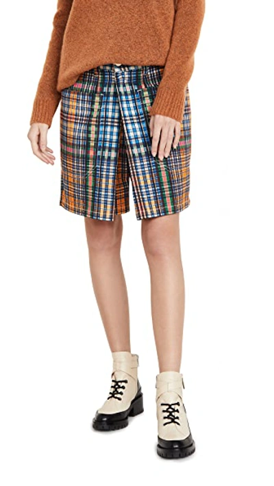 Shop Toga Cotton Twill Check Shorts In Blue