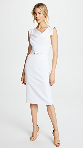 black halo belted sheath dress