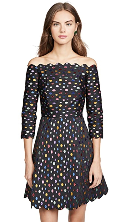 Shop Tata Naka Off Shoulder Scallop Dress In Black With Multi