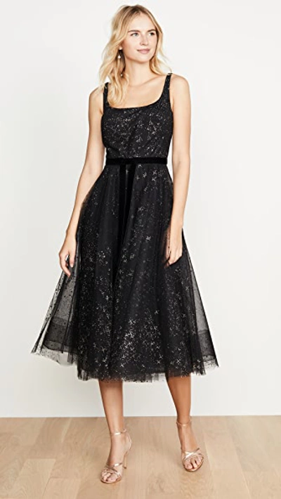 Shop Marchesa Notte Glitter Tulle Tea Length Gown In Black