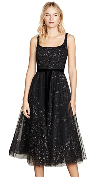 Shop Marchesa Notte Glitter Tulle Tea Length Gown In Black