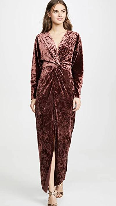 Shop Wayf Roslyn Twist Front Midi Dress In Mahogany Knit Velvet
